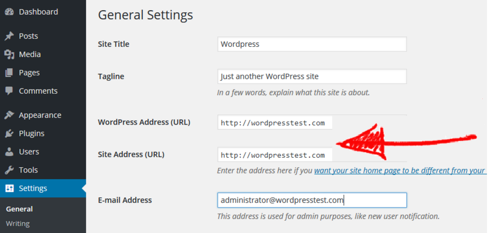 WP site url settings